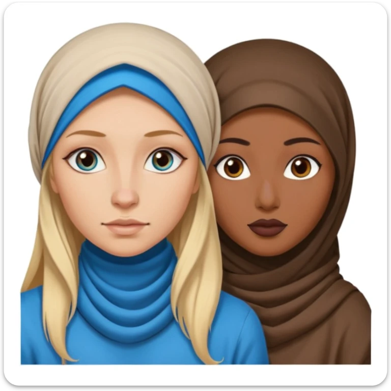 white girl with long blonde hair, blue eyes, tattoos, a septum nose piercing, and a dark skinned woman in a hijab with brown eyes sticker