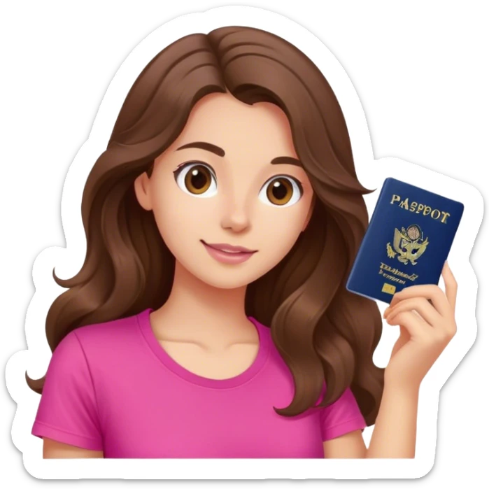 A young woman with long, wavy brown hair She is wearing a vibrant pink t-shirt. She is making photo for the passport sticker