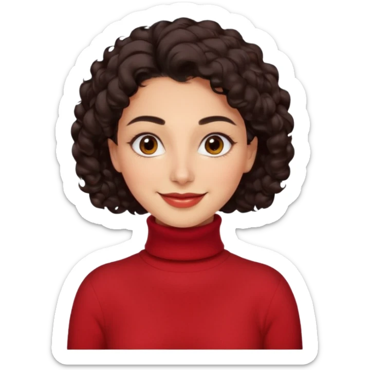 30 yr iranian woman dark brown hair curly wavy short hair, red turtle neck sweater, very thick eyebrows, light skin sticker