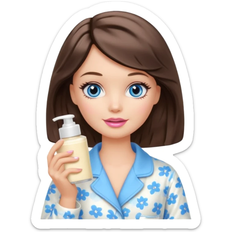 Barbie girl with makeup, blue eyes , and bob long haircut wavy, short brown hair in creamy color pajamas, face cream in hand sticker