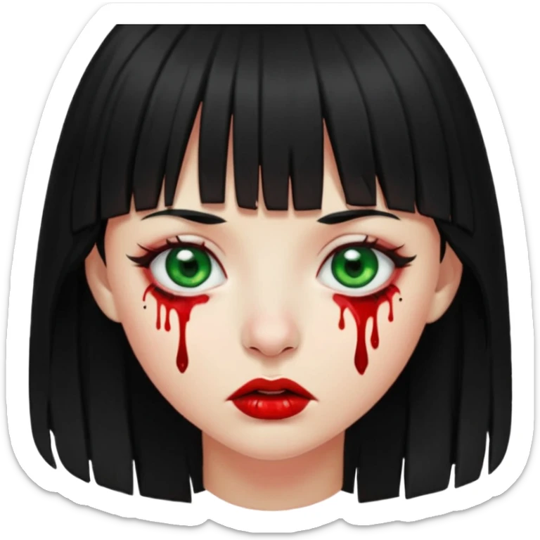 Guria com cabelo preto franjinha sangrando olhos verdes  fundo preto e um piercing bridgepiercing sticker