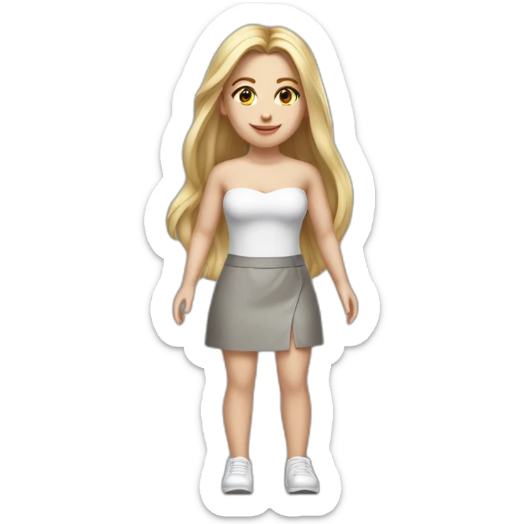 hyperrealistic caucasian long blonde hair brown eyes woman white v-neck strapless top gray tight mini skirt walking towards camera sticker