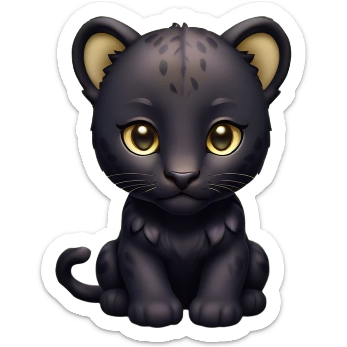 Cinematic Noble Baby Panther Portrait Emoji, Poised with a touch of regal innocence, featuring a compact, sleek build with soft, dark fur and large, soulful eyes, Simplified yet sharp and sophisticated features, highly detailed, glowing with a gentle, mysterious glow, high shine, intelligent and endearing, stylized with an air of youthful authority, focused and attentive, soft glowing outline, capturing the essence of a tiny jungle guardian that appears ready to pounce out of the screen with effortless charm! sticker