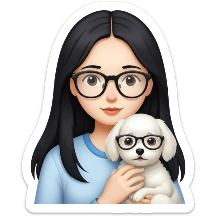 A girl with long black hair and glasses holding a white dog sticker