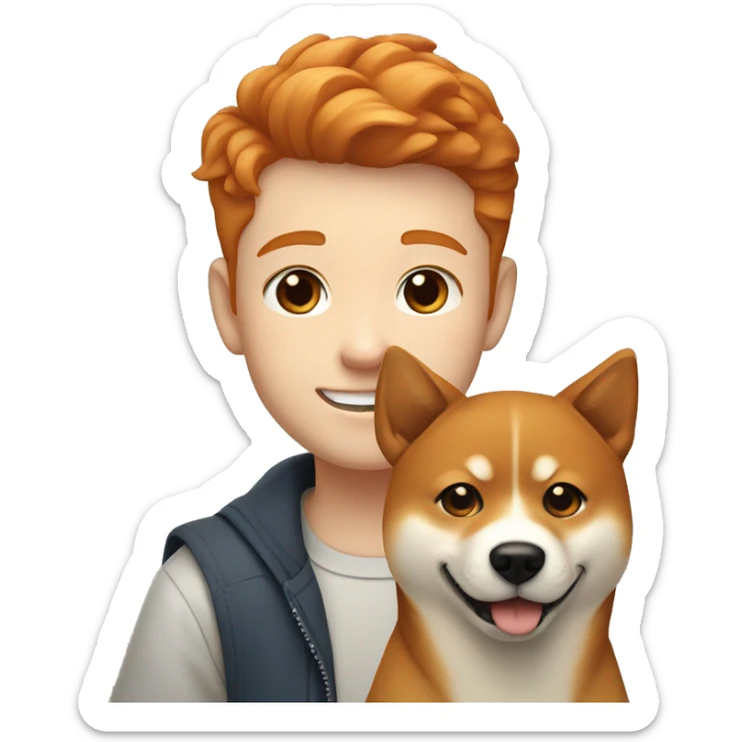 Ginger boy with brown eyes and wide brows 12 years smiling with dog shiba inu  sticker