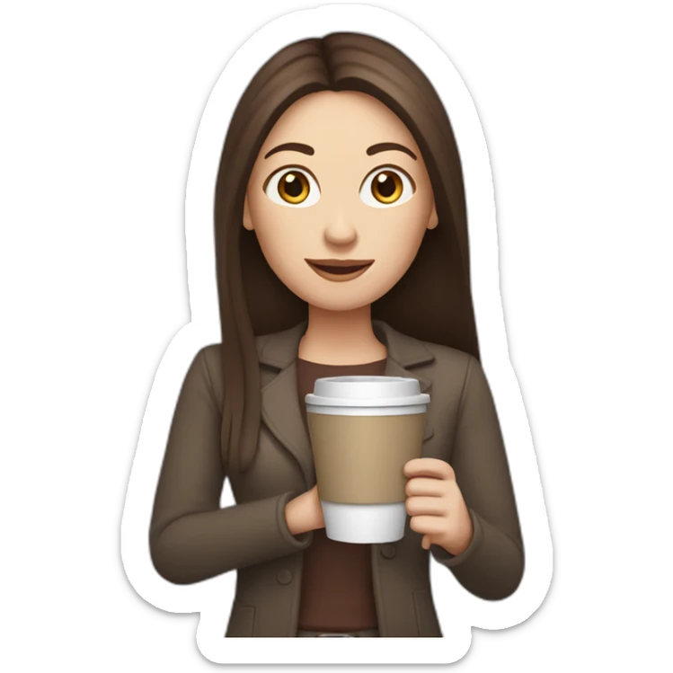 woman with long straight brown hair and pale skin holding a laptop and a coffee mug sticker