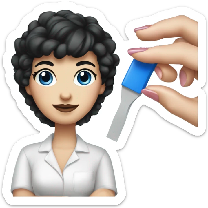 manicure master with a square of black hair,white skin,blue eyes in the hands of a nail file and nail polish sticker