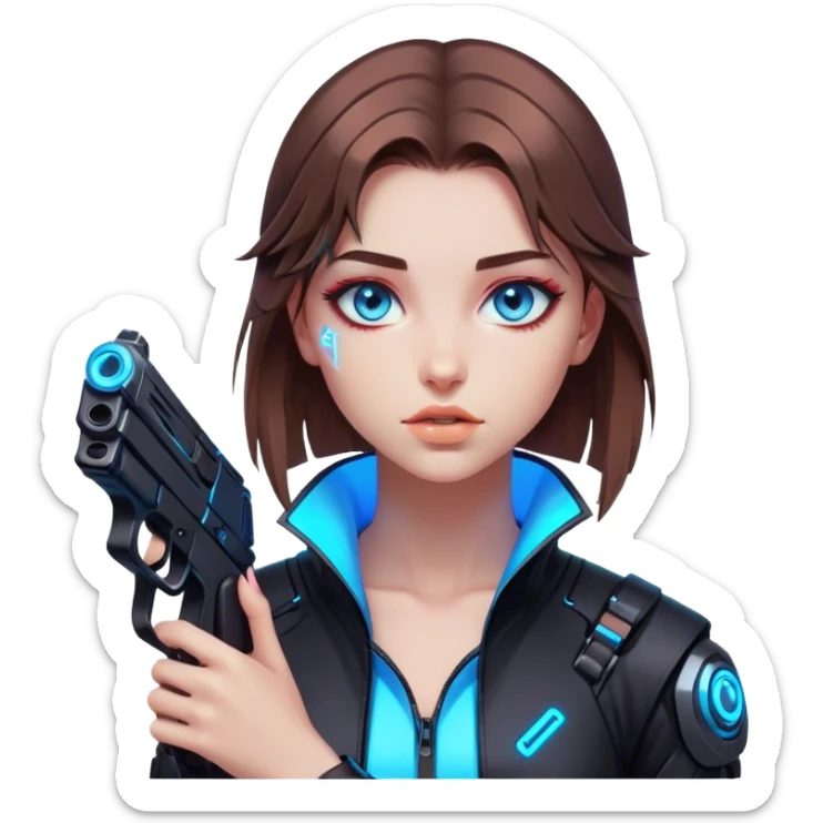 Neon cyberpunk style 
girl with brown hair and blue eyes 
shoots sticker