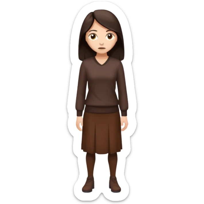 =Cartoon emoji of a woman with long, loose dark hair, wearing chocolate-colored clothes. Full-height, standing, nervous, unsure, worried expression. Slightly hunched, anxious posture. Smooth, simple, stylized sticker