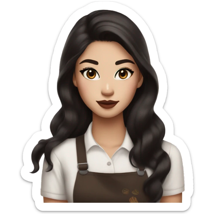 Beautiful half white half asian starbucks barista with long dark brown hair and cat eye makeup and glossy lips and blush sticker