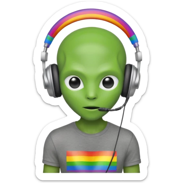 Alien with headphones with background of a gay flag sticker