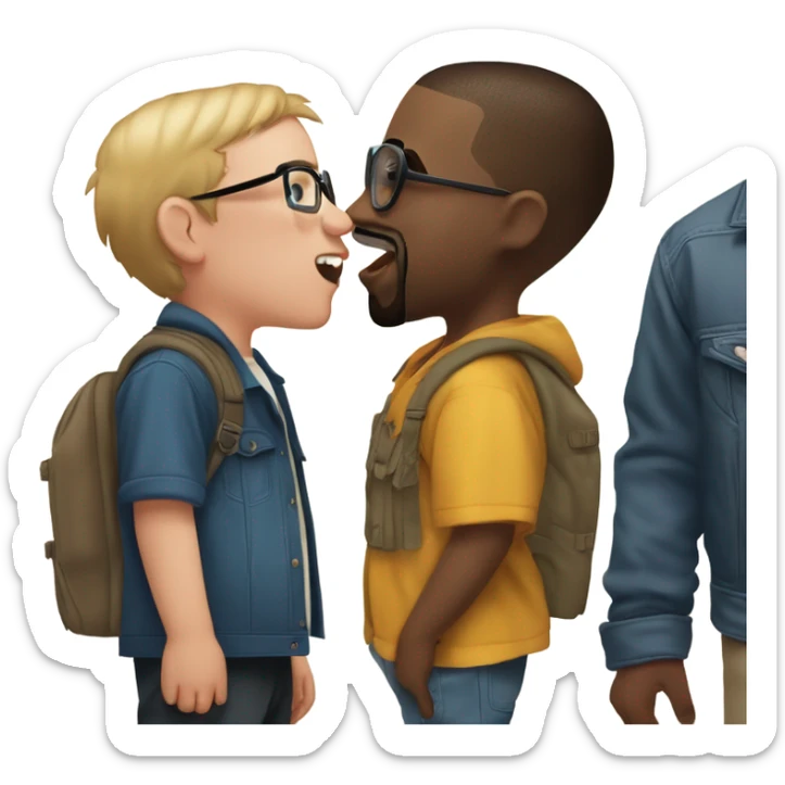 A white boy standing next to Kanye west, and Kanye west is giving his a kiss on the cheek, the boy is looking at the camera and Kanye west is looking at the boy, and another boy who is the same age with glasses is screaming sticker