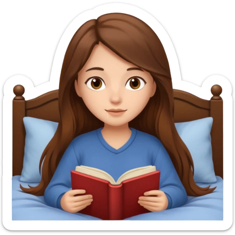 Cozy girl with long brown hair and brown eyes reading in bed sticker