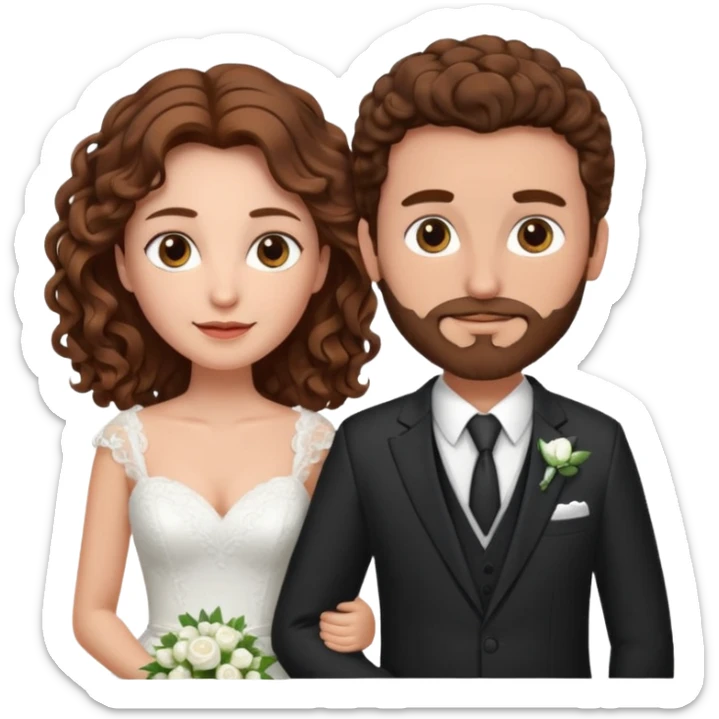 wedding couple woman with brown hair and eyes man with long curly hair and facial hair sticker