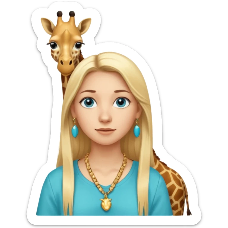Swedish girl blonde long straigt hair blue eyes turqoise shirt gold earings girrafe necklace gold small sticker