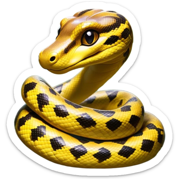 Cinematic Cute Anaconda Portrait Emoji, Head tilted playfully and inquisitively, with a sleek, shimmering body adorned with detailed scale patterns and round, sparkling eyes full of wonder, Simplified yet irresistibly adorable features, highly detailed, glowing with a warm, friendly jungle glow, high shine, affectionate and lively, stylized with a touch of whimsical reptilian charm, soft glowing outline, capturing the essence of a mischievous serpent that feels like it could slither out of the screen into your arms! sticker