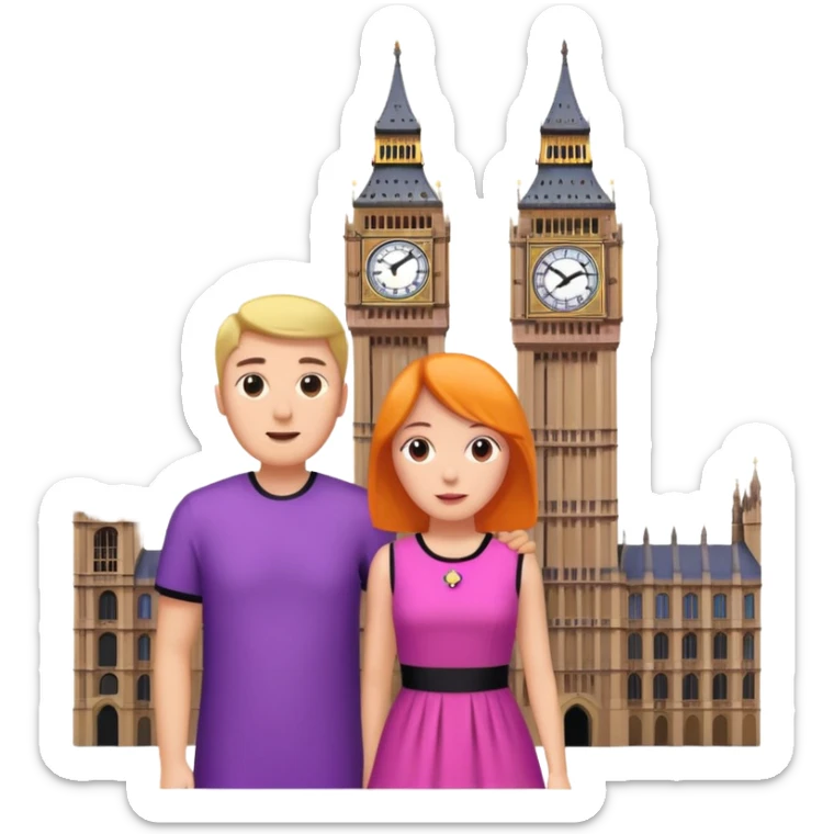 London Big ben with couple facing it keep couple dress colourful pink,purple,orange,black sticker