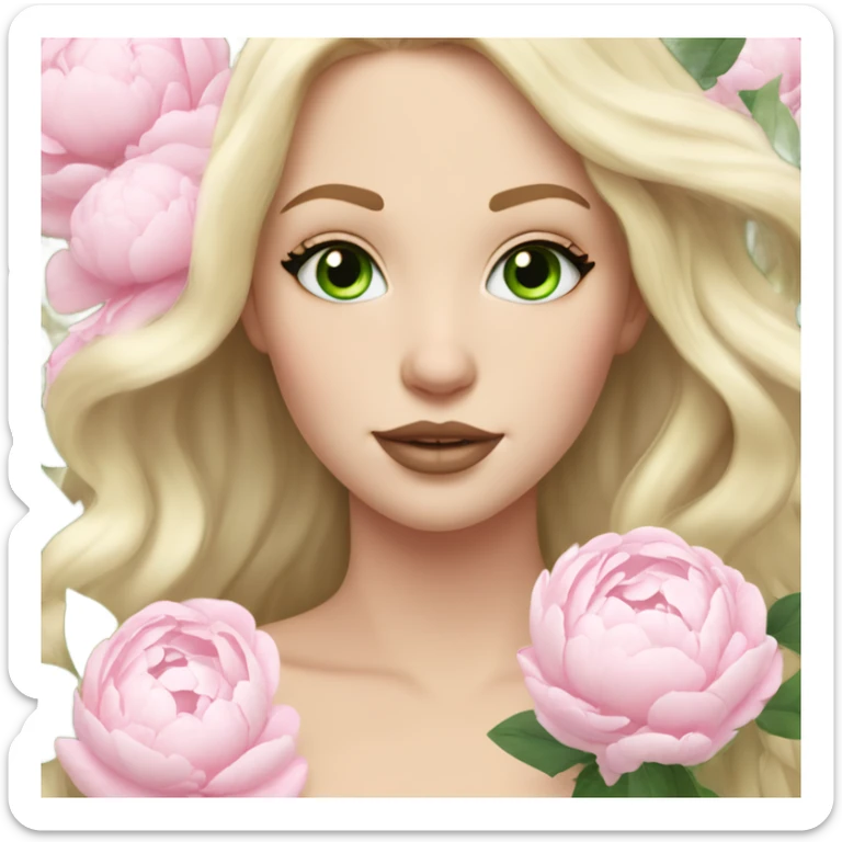 White girl with long light blonde hair and green eyes with light pink peonies in hair white skin light pink lips sticker