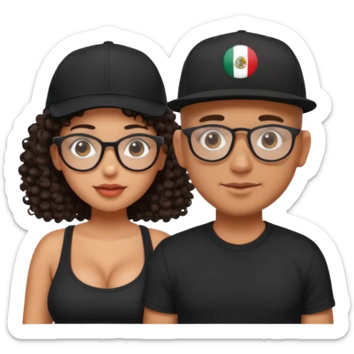 A picture of a cute tanned couple. the man is Mexican, with a bald hair cut wearing a SnapBack hat and a black shirt. the woman is mixed, she has curly longer dark brown hair, thicker and with big boobs and the woman has glasses sticker