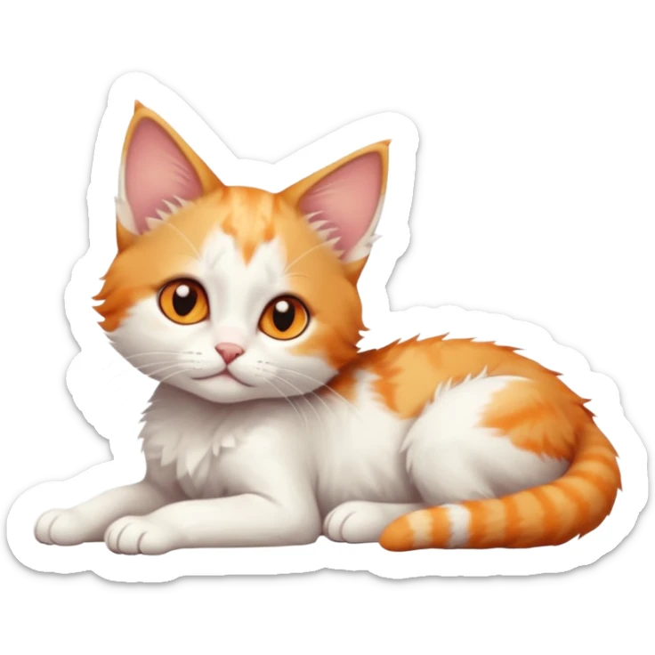 full body of very small + skinny ginger and white kitten with deep orange eyes and triangular shaped face lying down with bent front paws sticker