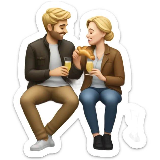 couple of white people sitting closely on a park bench, enjoying a romantic moment. One person is holding a croissant, and the other is holding a glass of Prosecco sticker