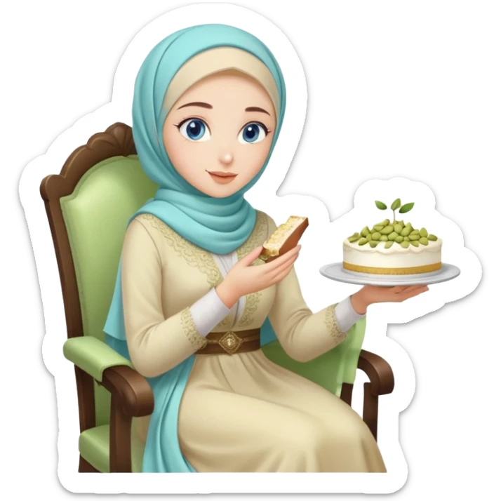 Turkish beautiful finish Konya girl blue eyes with pastel hijab long tail dress and sits on the chair and holds pistachios cake with her hand  sticker
