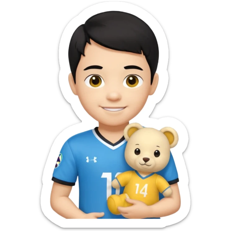 Un enfant qui a les cheveux noir sur le coter qui sourit il a un maillot de l’om et qui a un petit doudou jaune sur son epaule sticker