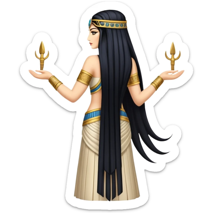 back view of Anunnaki goddess Inanna with long flowing black hair and Mesopotamian cuneiform symbols on her royal attire sticker