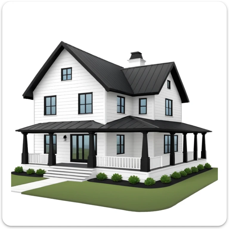 modern farmhouse with white siding, black roof and black trim, exterior view, 3d sticker