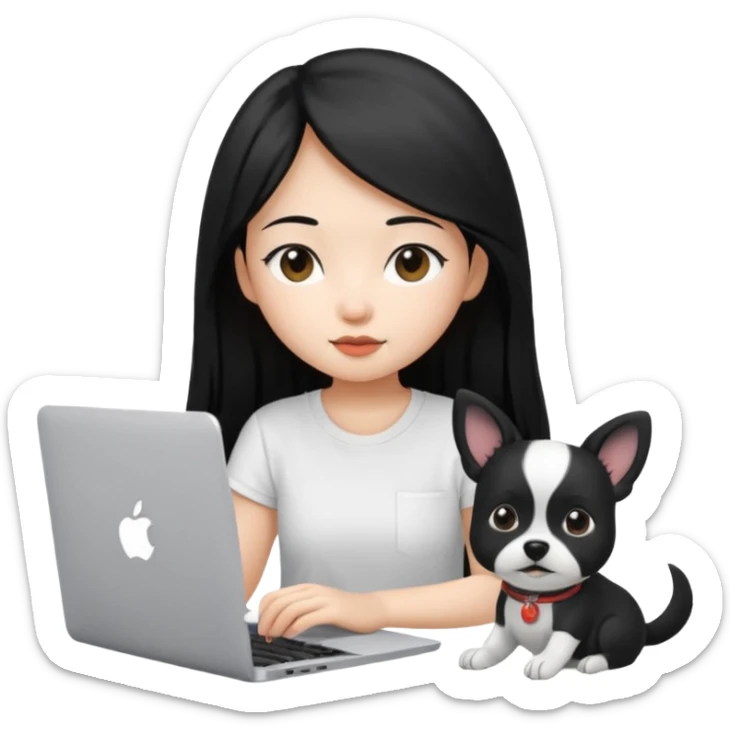 Blue back ground, Asian girl with long black hair , wearing a white t-shirt, working on an Apple laptop, next to her is a small black and white dog sticker