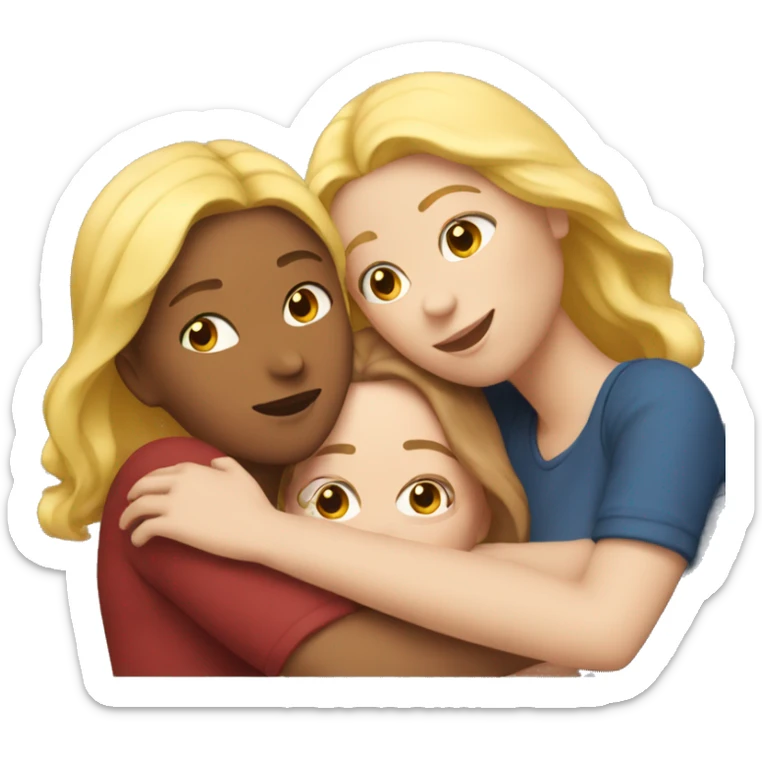 three woman hugging each other, one of them is blond, one brunette and one has red hair sticker