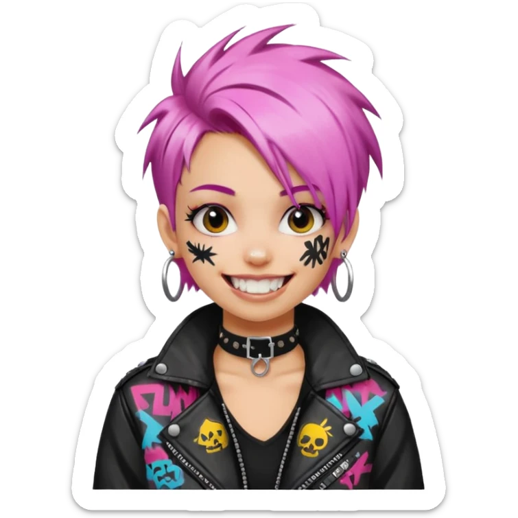 a punk girl with neck-length dyed hair and wear a punk graffiti jacket with black choker grin playfully  sticker