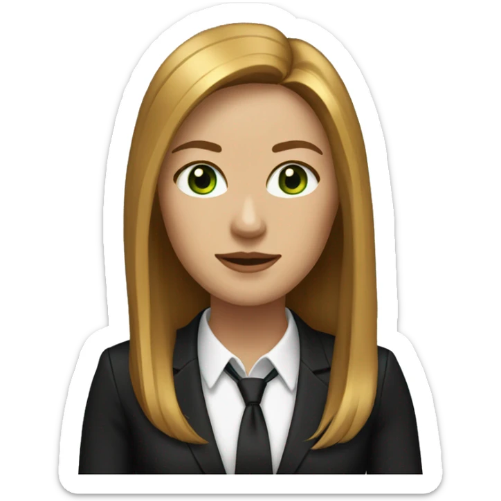 executive woman, long straight golden brown hair, green eyes, black suit sticker