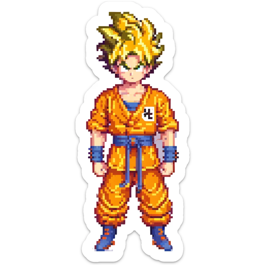 Son Goku, pixel art style, orange gi, spiky hair, classic video game look sticker