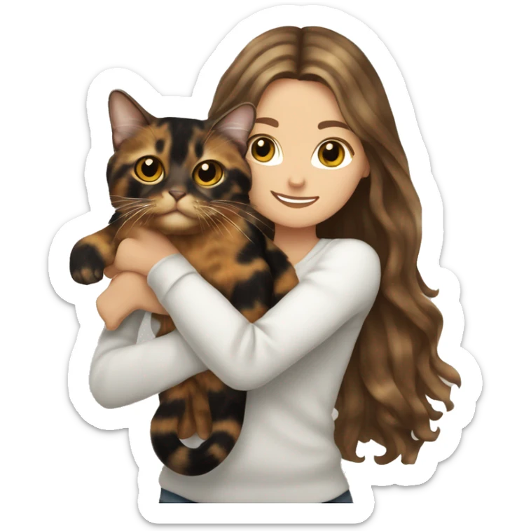 Tortoiseshell cat being held by a white girl with long wavy brown hair  sticker