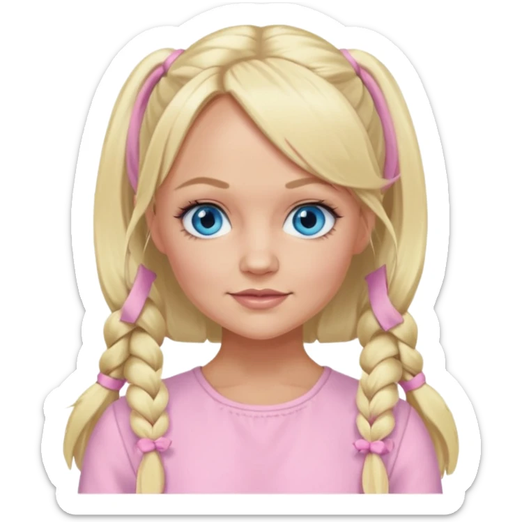 Emma Bunton blue eyes, long blonde pigtails hair, light pink outfit sticker