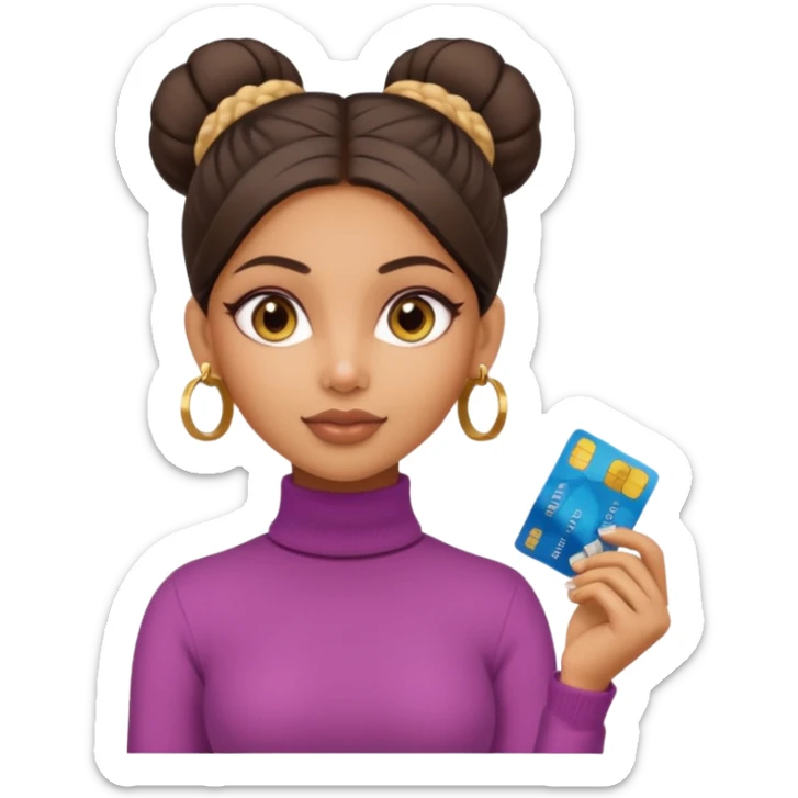 a pretty bratz fair indian girl wearing a beige turtleneck, golden earrings, bun, holding bank cards sticker