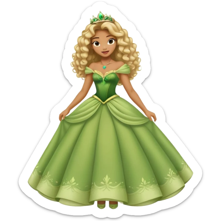 Disney Princess Tiana with extremely long blonde curly hair, green dress sticker