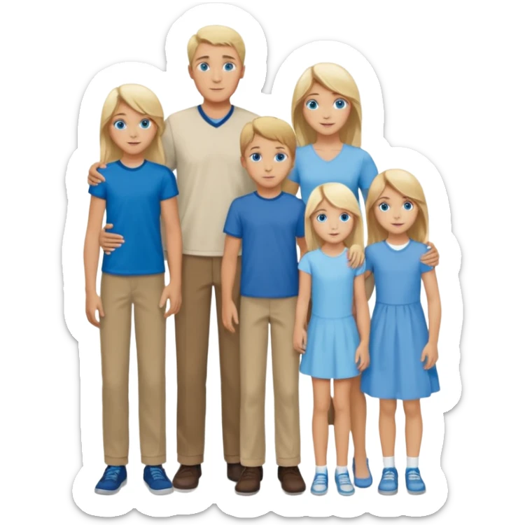 Familie: alle blauäugig, lang und schlank, Vater, Mutter( blond), zwei Mädchen( , 18-jährige hat braune Haare, 13 jährige hat blondes Haar), 2 Jungs( 9 und 6, der 9 Jährige hat dunkelblondes/braunes Haar, große blaue Augen, der 6 jährige ist hellblond und ziemlich frech).  sticker