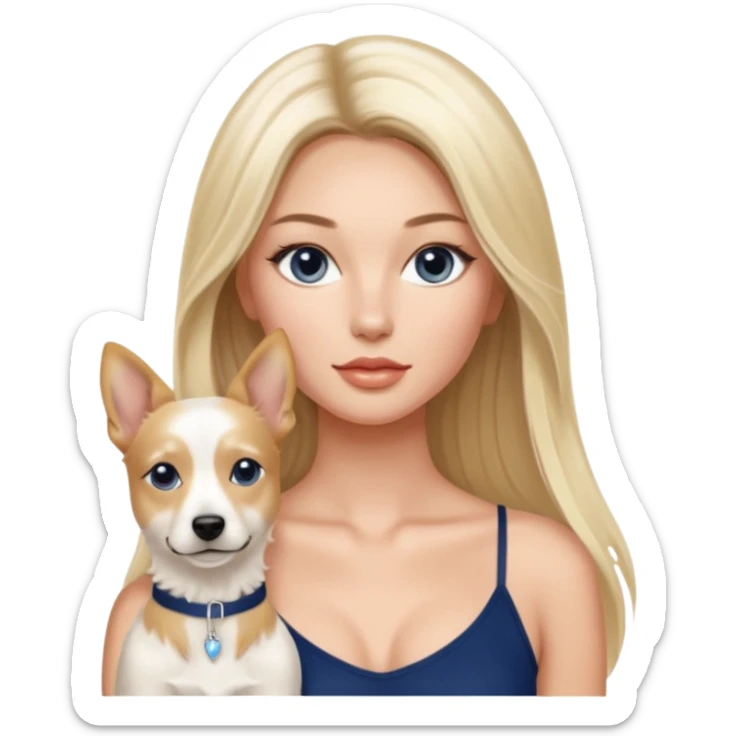 Victoria’s Secret model with long light blonde straight balayage hair, dark blue almond and small eyes, oval face, small lips, skinny long waist, firm legs, White Spaghetti top, with a White belgian dog  sticker