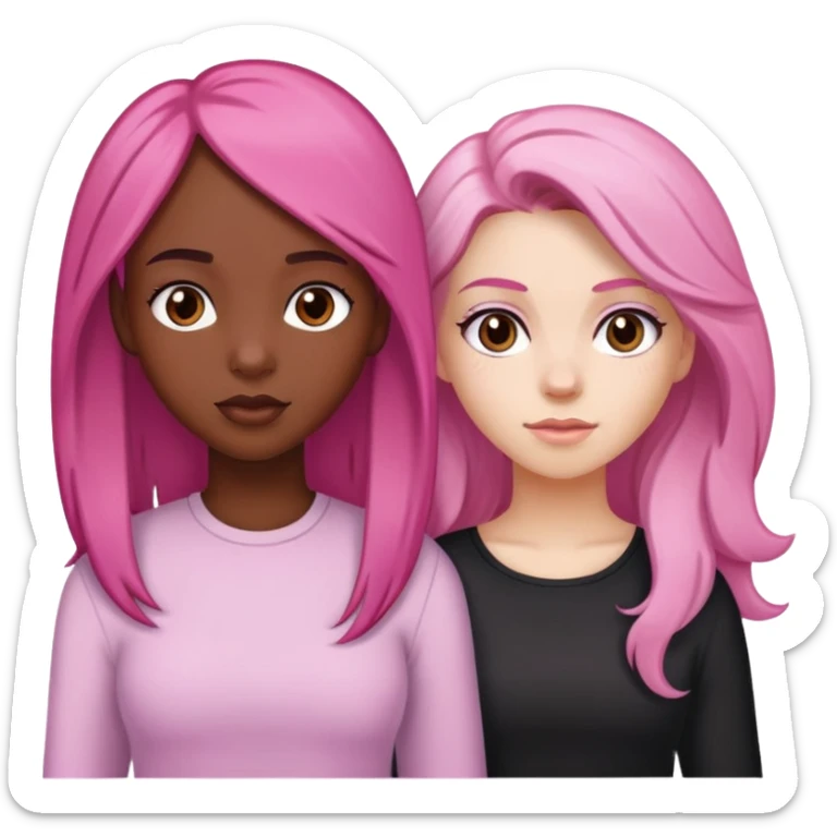 a black girl with dark brown hair next to a white girl with pink hair and a white girl with brown hair sticker