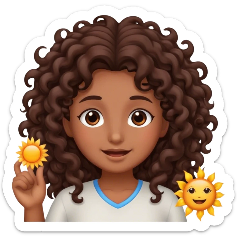 Brown girl with dark brown long curly hair saying good morning with the sun sticker