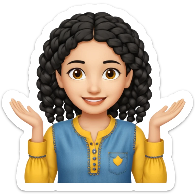 smiling fair Indian girl, curly braided hair, yellow kurti, blue jeans, hands at sides sticker