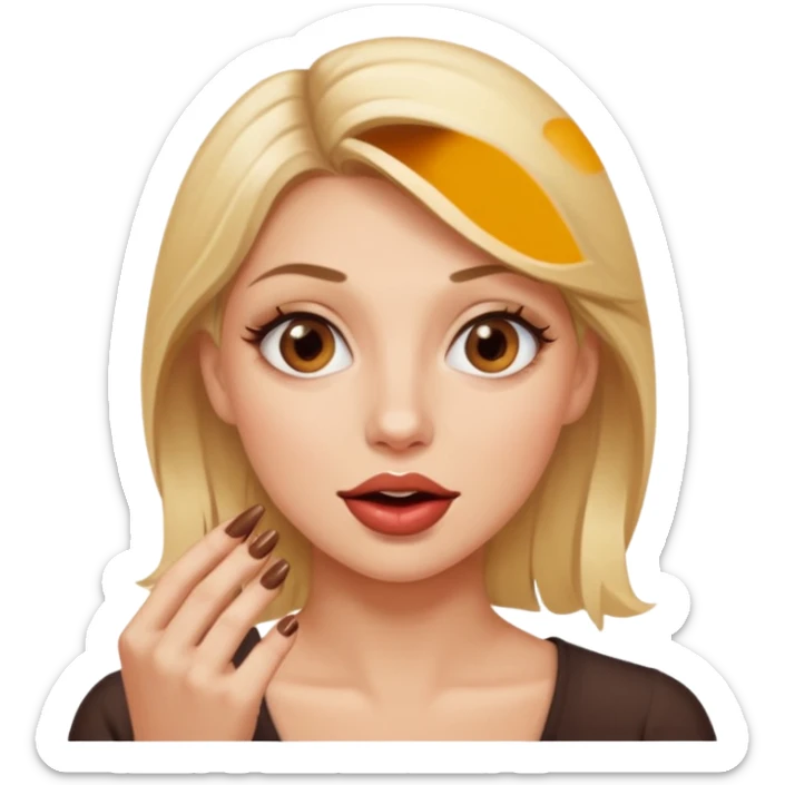 👁️🫦👁️💁🏼‍♀️ aguicheuse. elle se mord le coin de la lèvres. Elle est blonde. Ongles vernis marrons   sticker