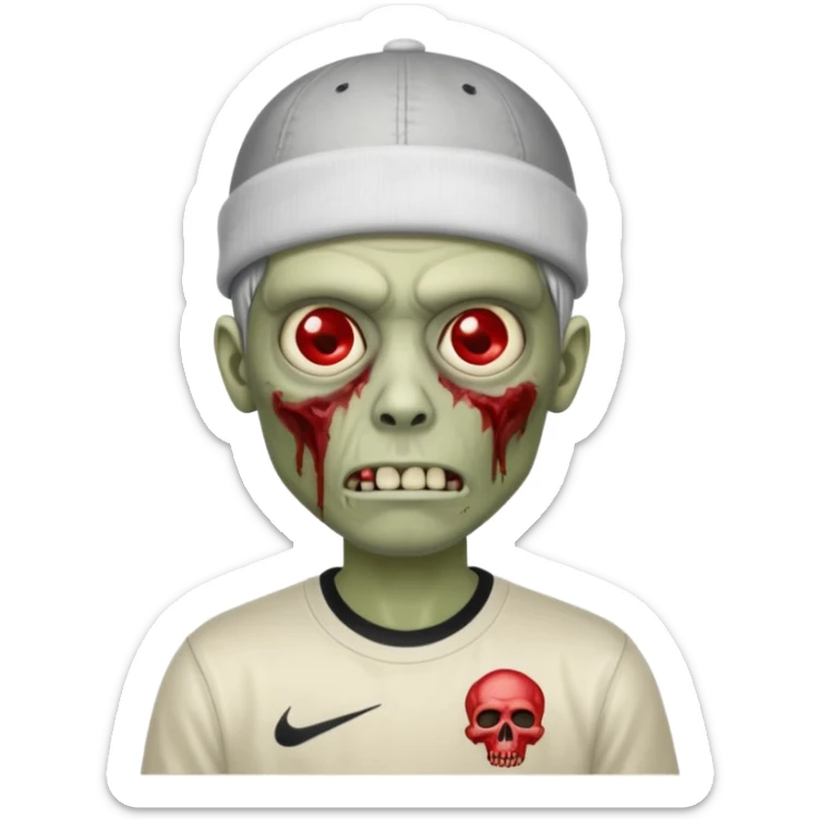 a zombie with the edgar hair cut chrome hearts shirt, one red eye and a nike skully on his head sticker