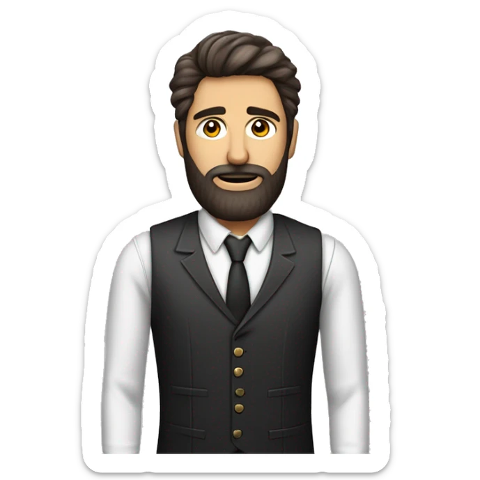 L'image montre un homme barbu avec des cheveux bruns, en chemise rayée, cravate rayée, et gilet noir. Ses bras sont levés, paumes vers le haut, exprimant la confusion. Son expression est perplexe.   sticker