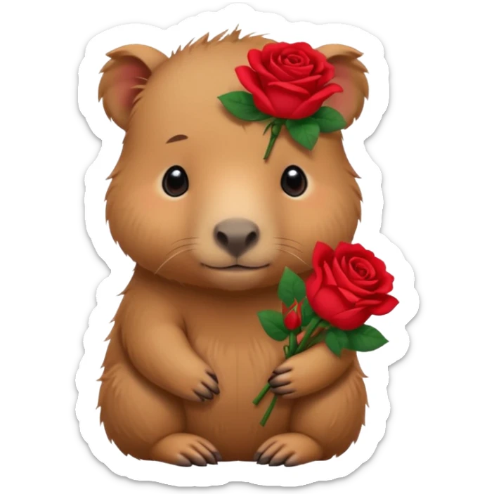 Cute baby capypara with sad puppy dog eyes holding roses  sticker