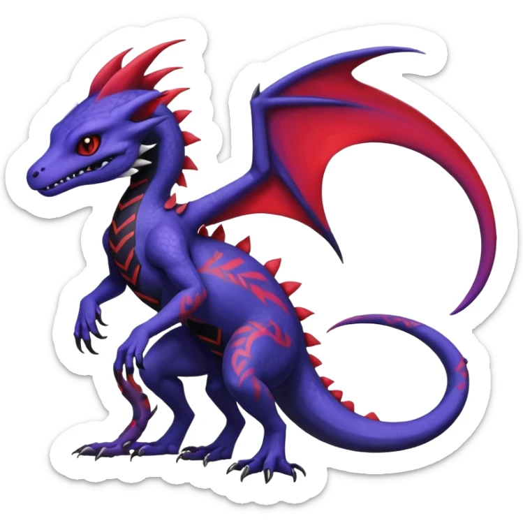 Rare warm-colored exotic gloomy tropical edgy cute epic aesthetic spooky indigo purple white black red gothic colorful Salandit-charmeleon-sergal-species-Fakemon-hybrid-creature, with tribal tattoo markings, full body sticker