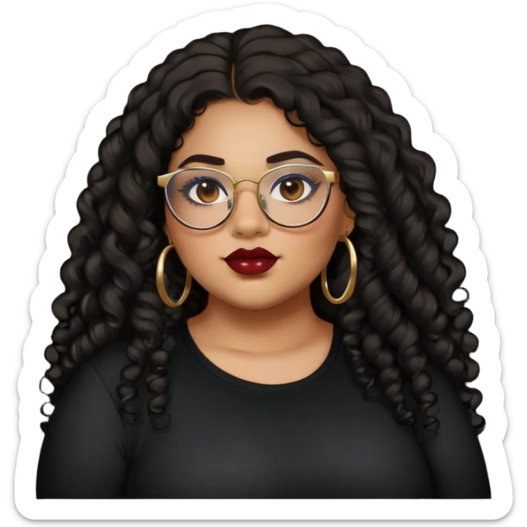 teen big plus size, latina, darker tan skin, gold hoops, long black curly hair, baddie,pretty, makeup, dark red lipgloss, black eyeliner, long hair, black shirt, BLACK glasses sticker
