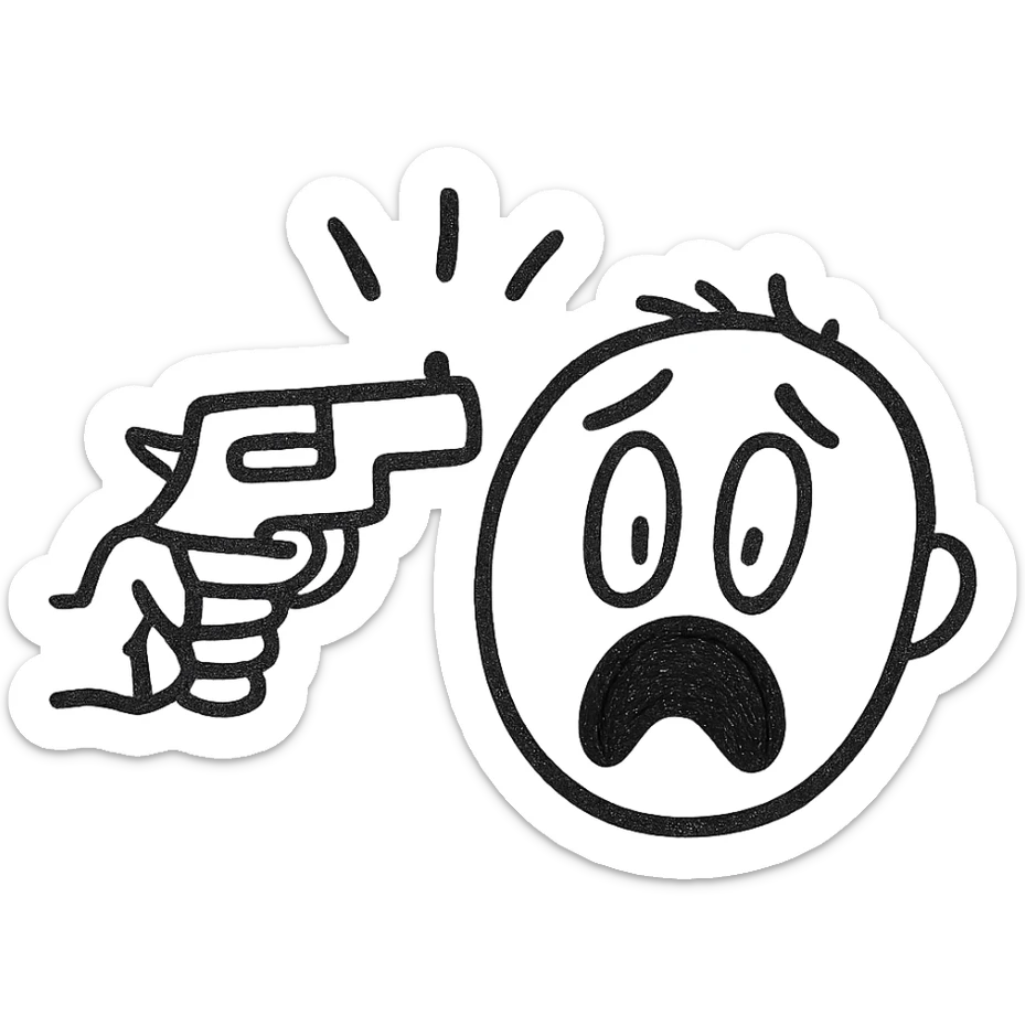 dramatic icon of a hand holding a toy gun to a cartoon head, exaggerated expression, no blood sticker